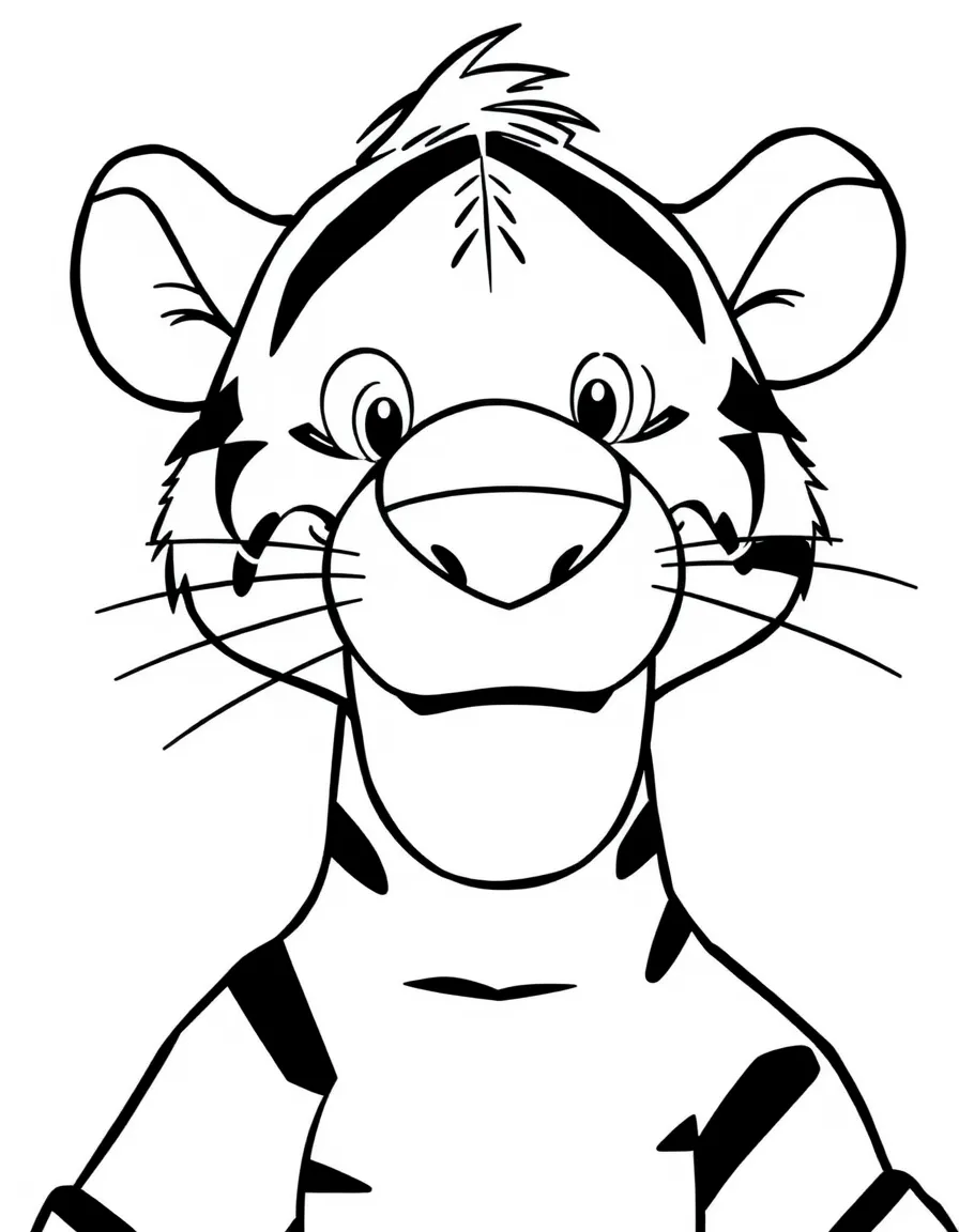 A close-up of Tigger's face in bold lines with expressive eyes and detailed costume elements.
