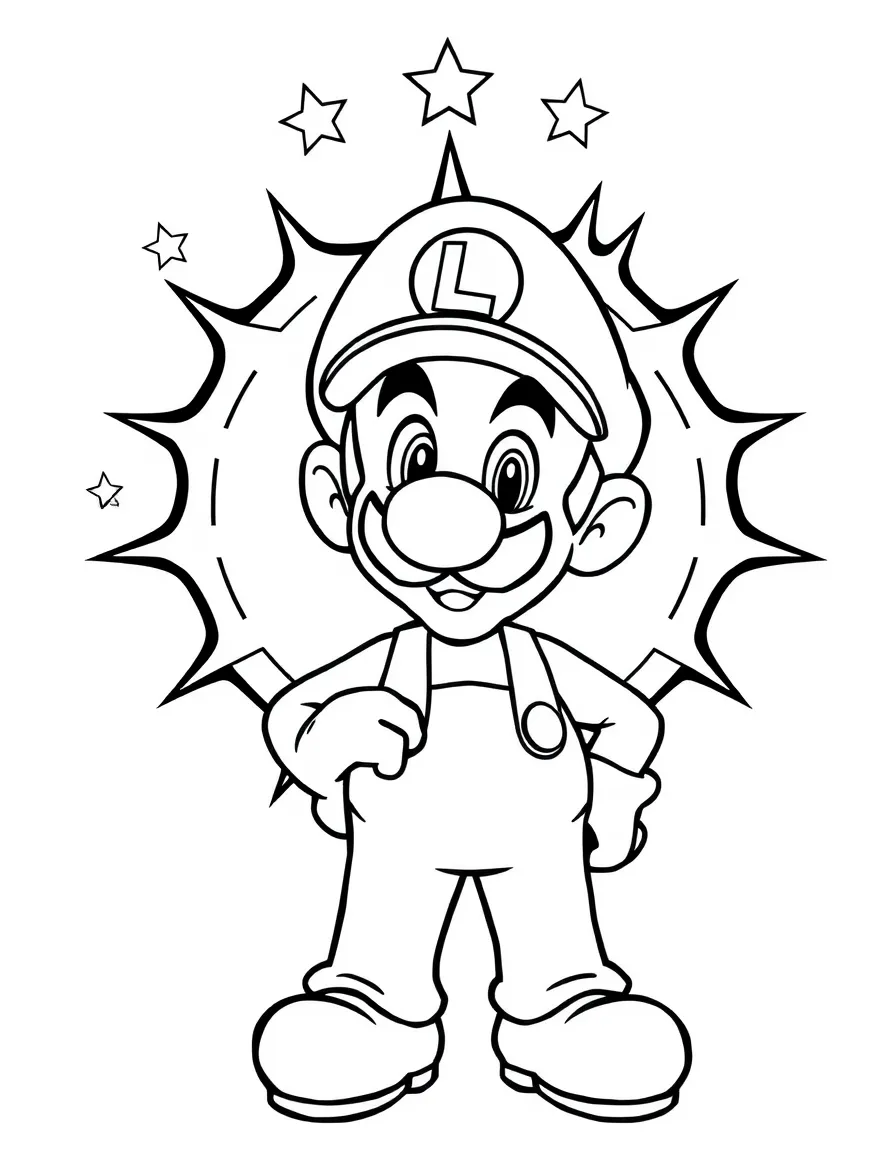Luigi standing proudly in front of their iconic logo with stars and comic-style effects around.