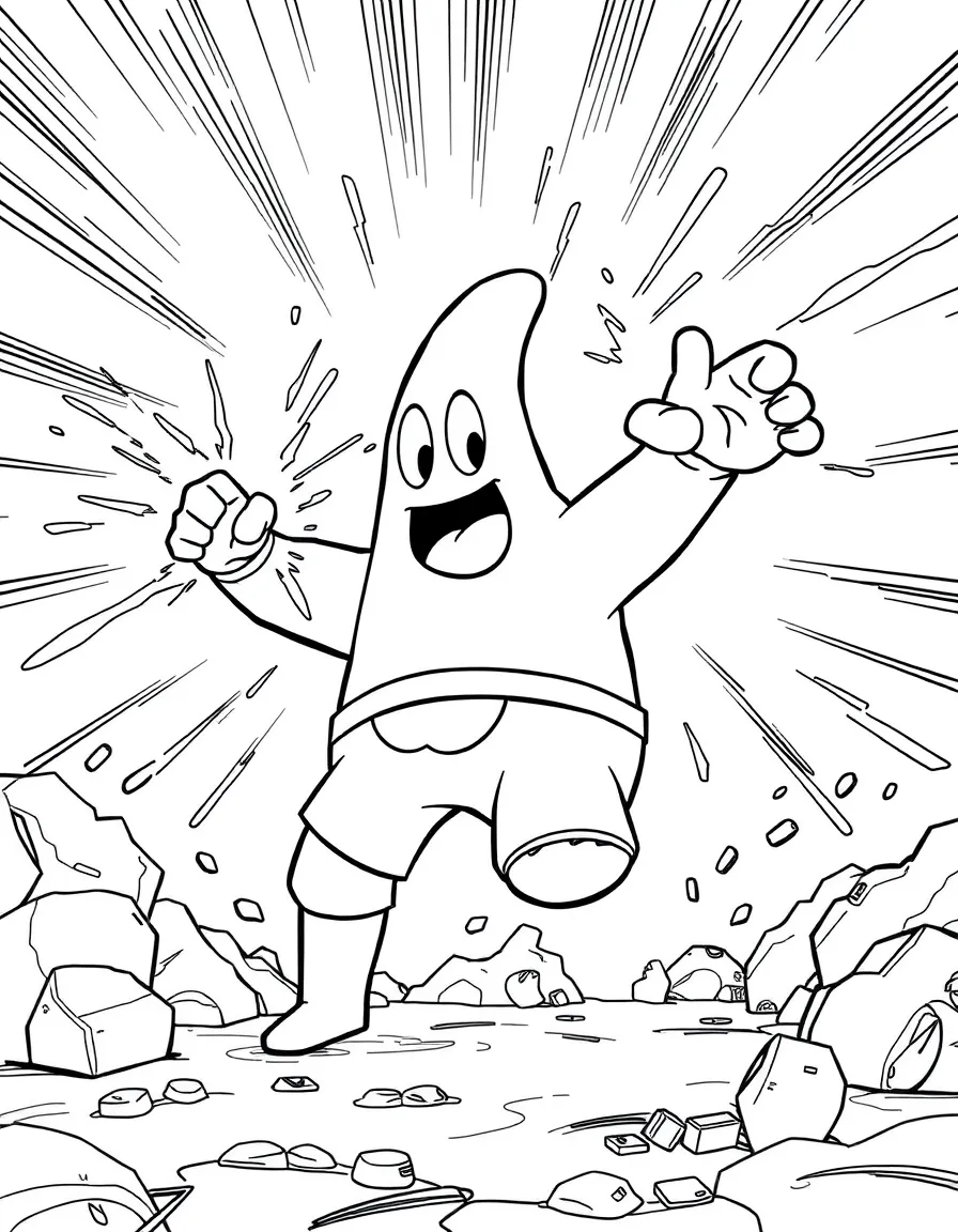 An action-packed scene of Patrick Star using their special powers in a dramatic battle pose.