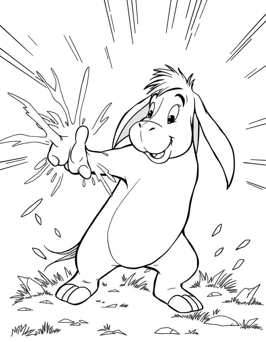 An action-packed scene of Eeyore using their special powers in a dramatic battle pose.