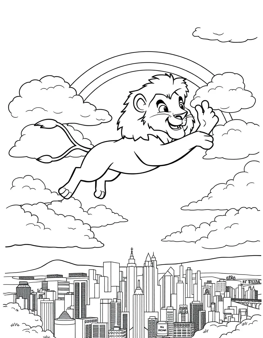 The Lion King flying through the clouds with a rainbow behind and city skyline below.