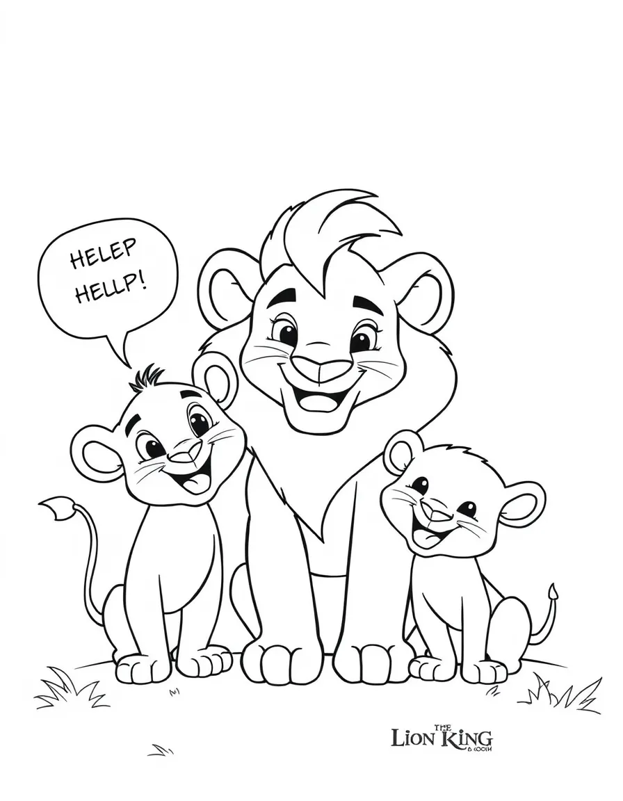 A cartoon-style drawing of The Lion King helping friends, with speech bubbles and cheerful faces.