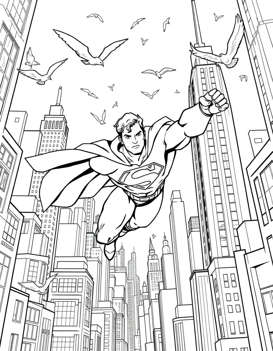 A fun and detailed coloring page of Superman swinging through a city full of tall buildings and birds.