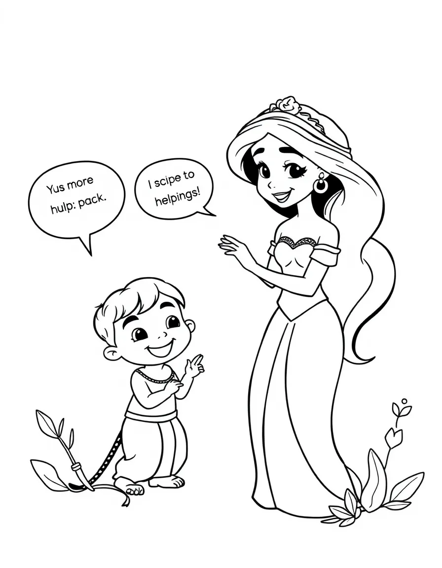 A cartoon-style drawing of Jasmine helping friends, with speech bubbles and cheerful faces.