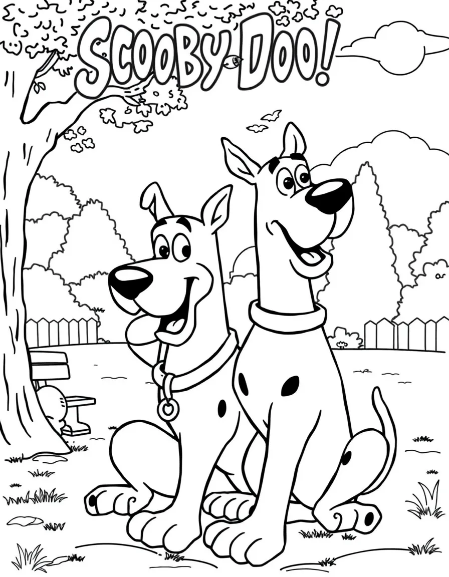 Scooby-Doo enjoying a day off, eating ice cream or playing with friends in a park setting.