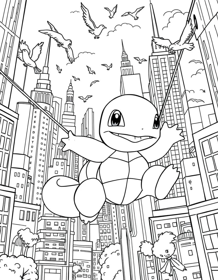 A fun and detailed coloring page of Squirtle swinging through a city full of tall buildings and birds.