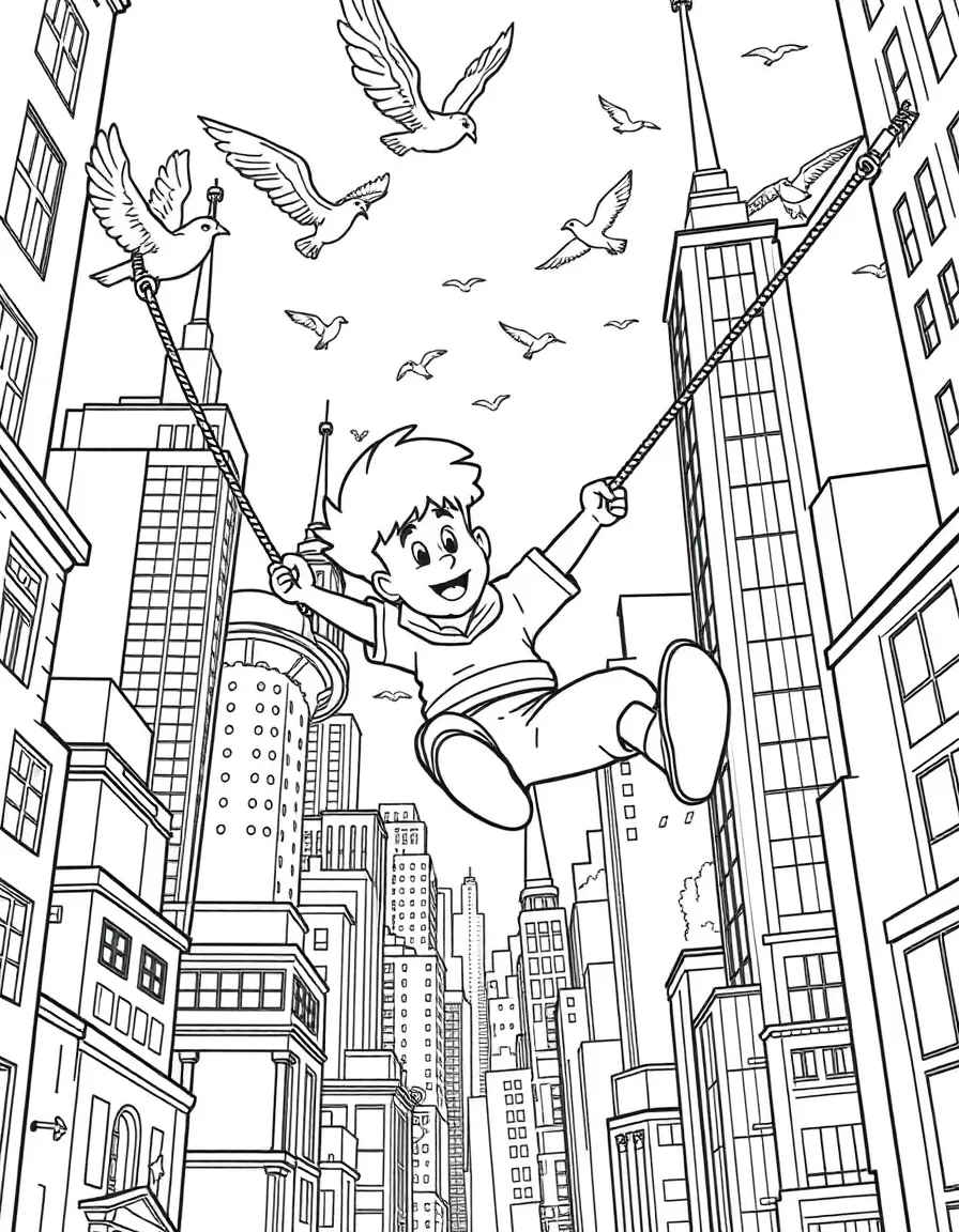 A fun and detailed coloring page of Bruno swinging through a city full of tall buildings and birds.