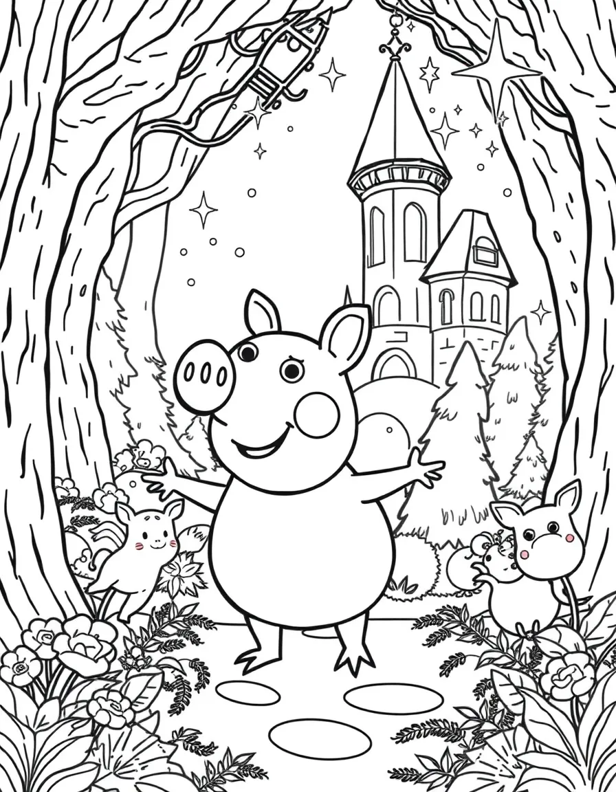 A fantasy background of George Pig in a magical forest or castle, with sparkles and mystical creatures.