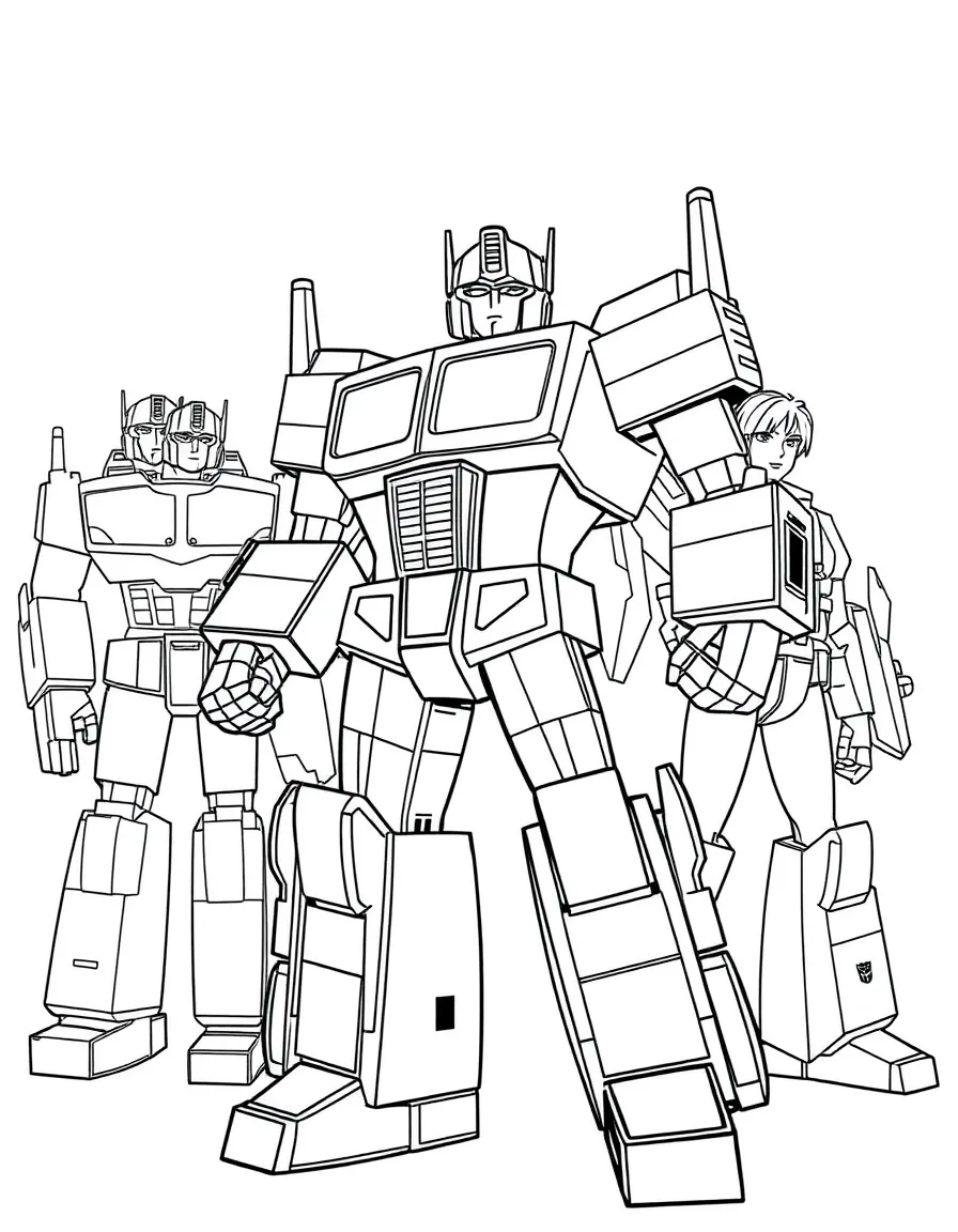 A group coloring page featuring Optimus Prime with other characters from the same show or movie.