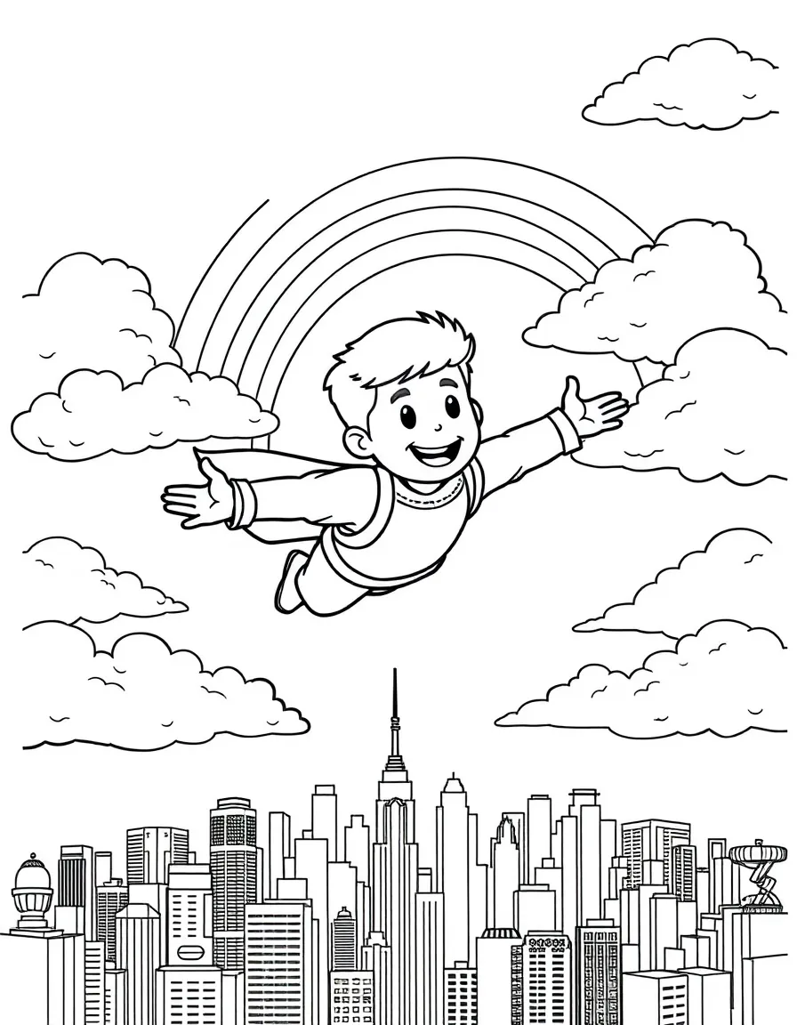 Steve flying through the clouds with a rainbow behind and city skyline below.