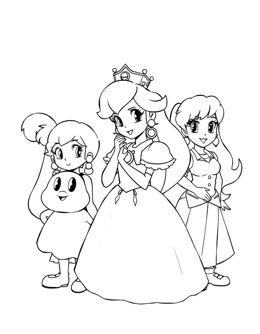 A group coloring page featuring Princess Peach with other characters from the same show or movie.