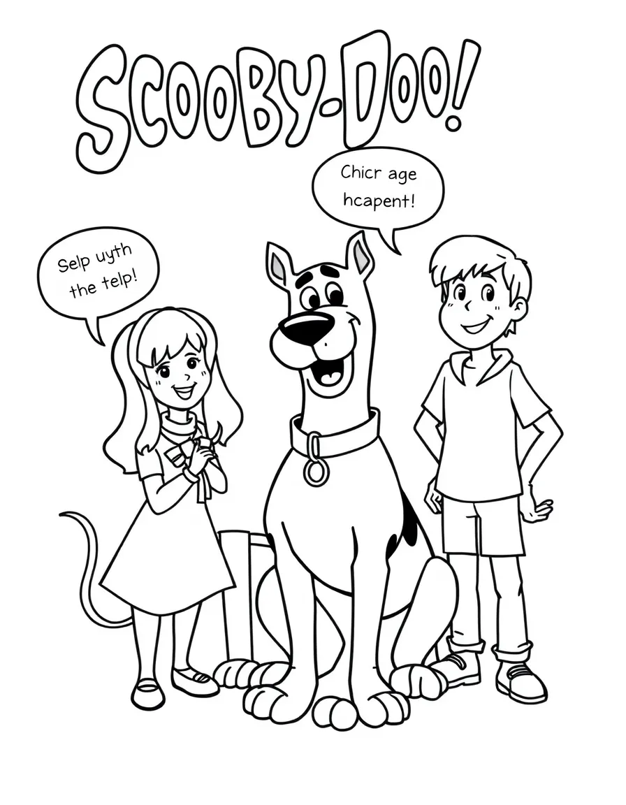 A cartoon-style drawing of Scooby-Doo helping friends, with speech bubbles and cheerful faces.