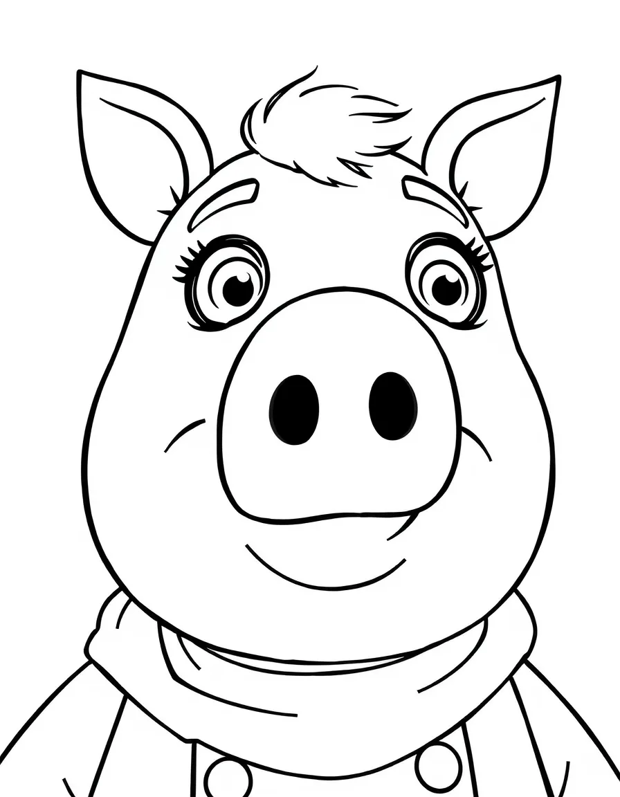 A close-up of George Pig's face in bold lines with expressive eyes and detailed costume elements.