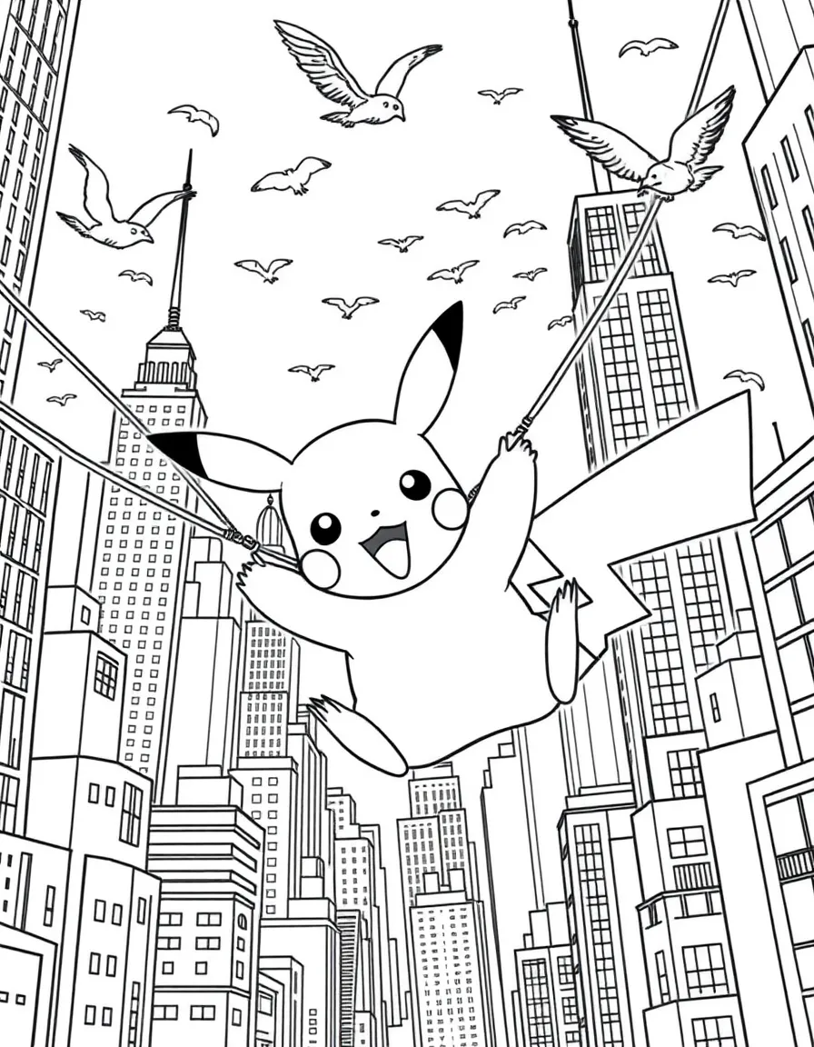 A fun and detailed coloring page of Pikachu swinging through a city full of tall buildings and birds.