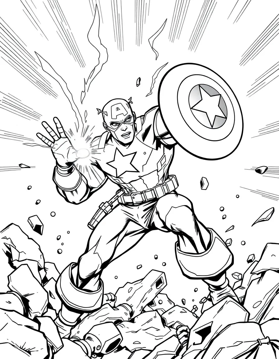 An action-packed scene of Captain America using their special powers in a dramatic battle pose.