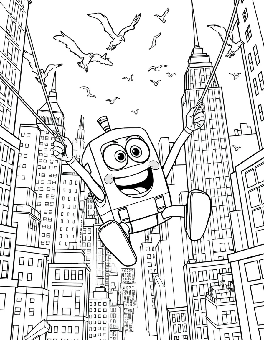 A fun and detailed coloring page of Rubble swinging through a city full of tall buildings and birds.