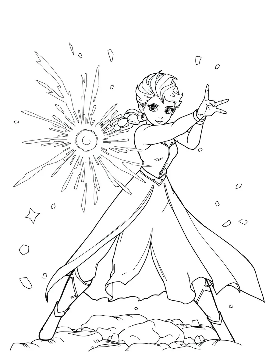 An action-packed scene of Elsa using their special powers in a dramatic battle pose.