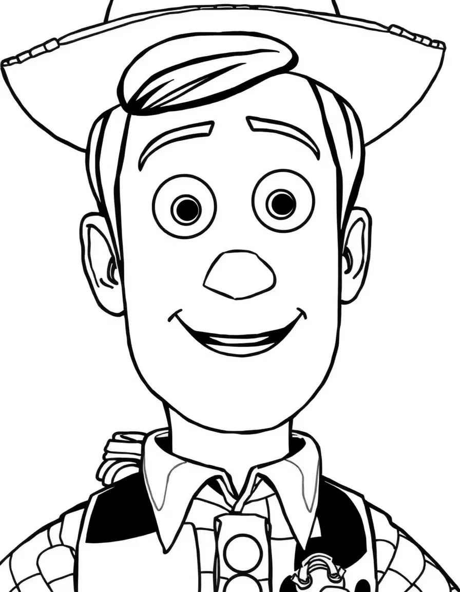A close-up of Woody's face in bold lines with expressive eyes and detailed costume elements.