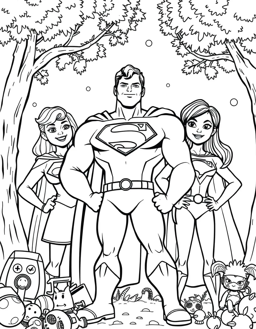 Superman smiling and posing with their sidekicks, surrounded by trees, toys, or fun backgrounds.