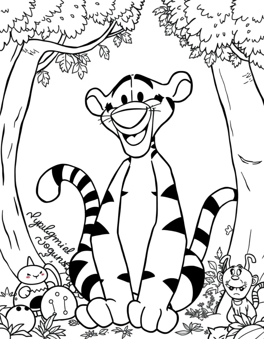 Tigger smiling and posing with their sidekicks, surrounded by trees, toys, or fun backgrounds.