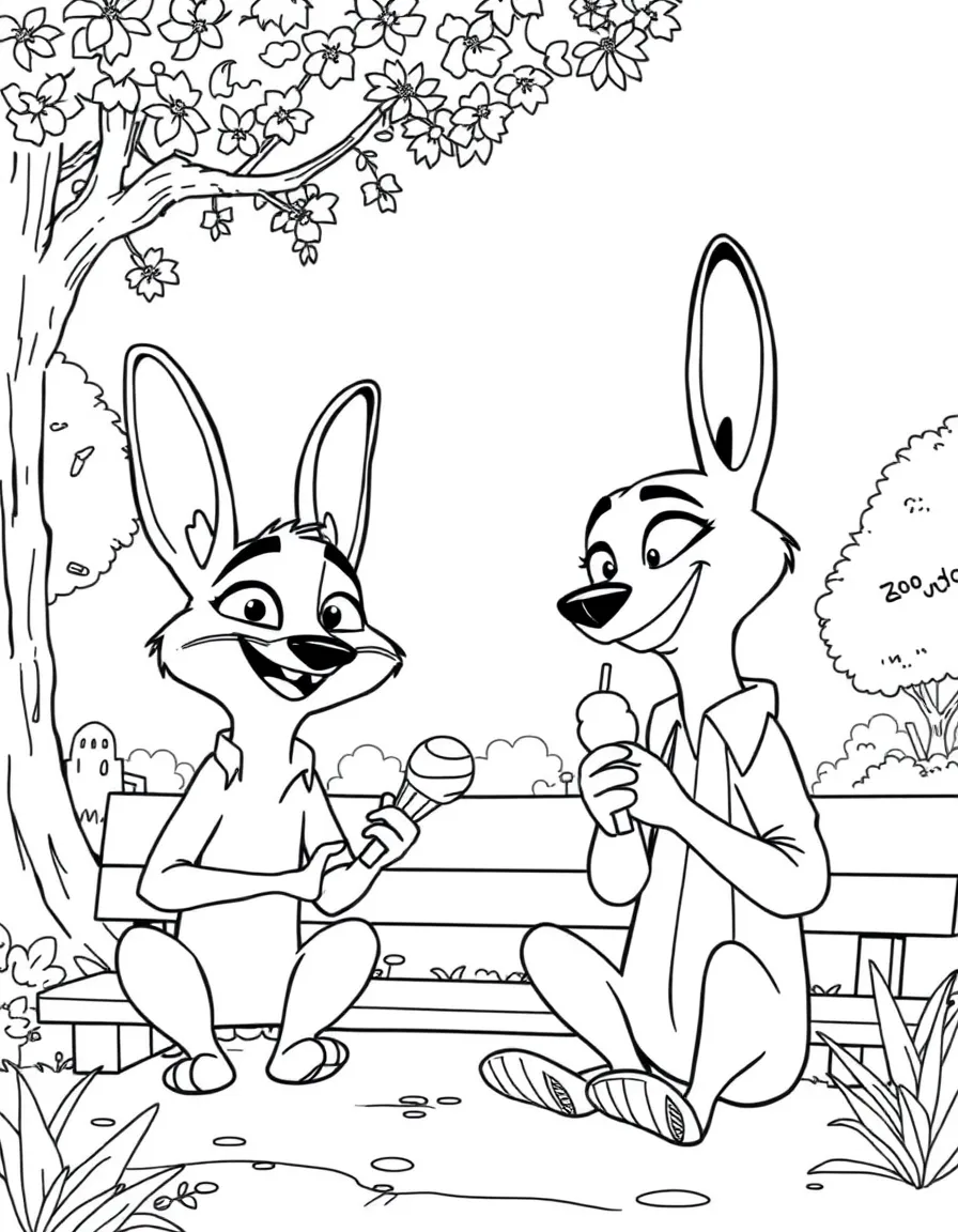 Zootopia enjoying a day off, eating ice cream or playing with friends in a park setting.