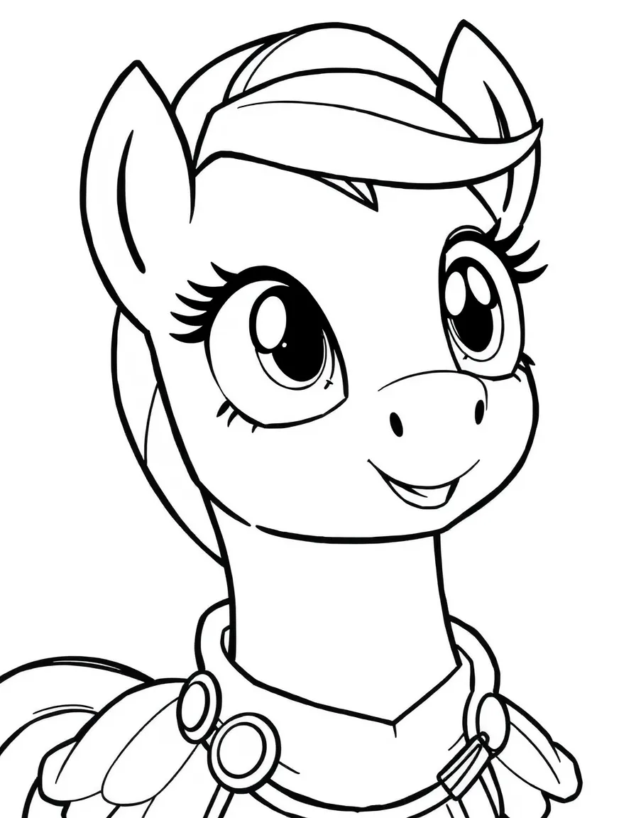 A close-up of Applejack's face in bold lines with expressive eyes and detailed costume elements.
