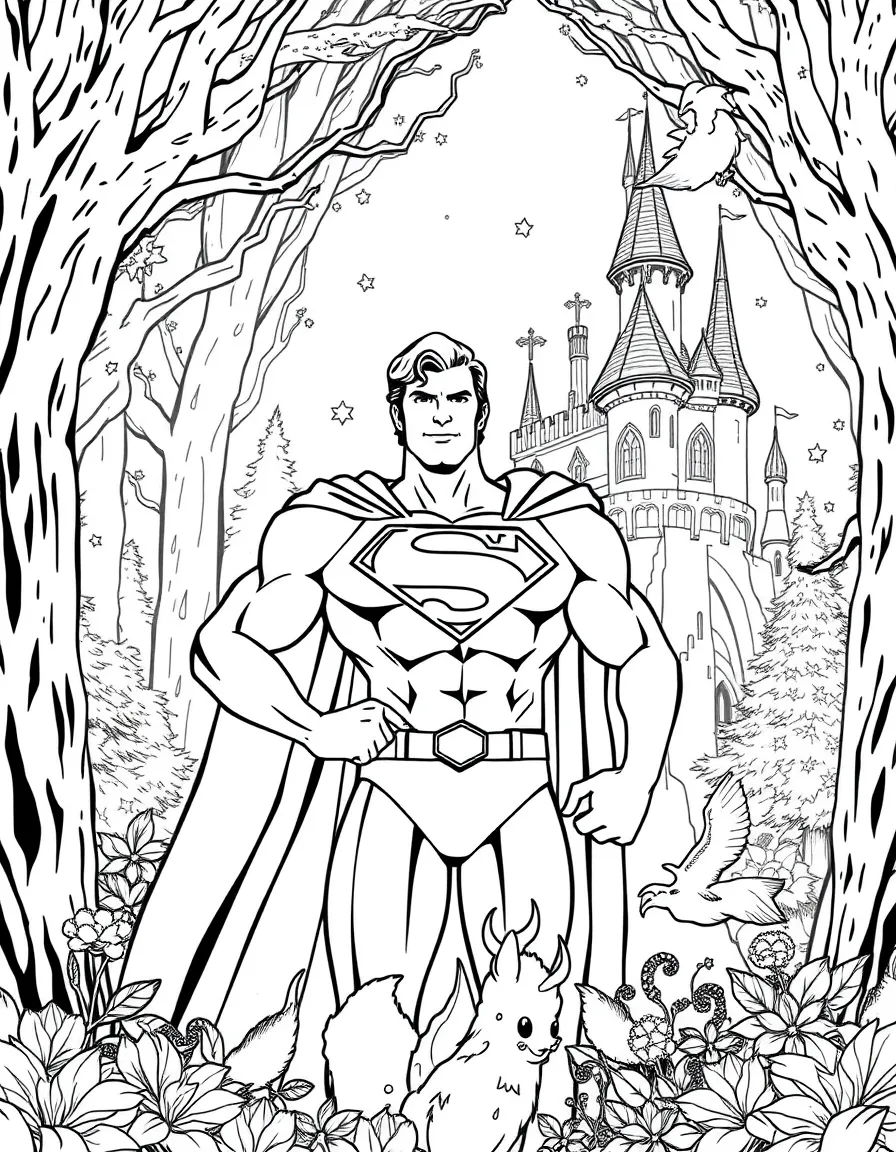 A fantasy background of Superman in a magical forest or castle, with sparkles and mystical creatures.