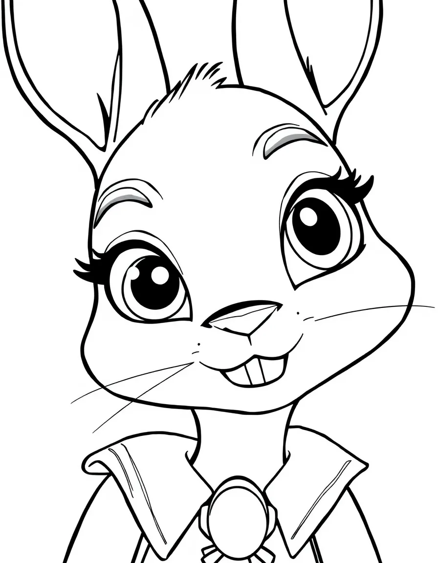 A close-up of Judy Hopps's face in bold lines with expressive eyes and detailed costume elements.