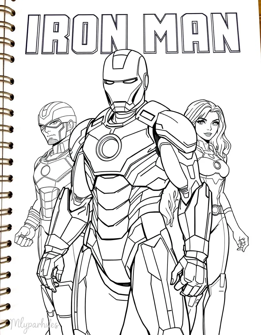A group coloring page featuring Iron Man with other characters from the same show or movie.