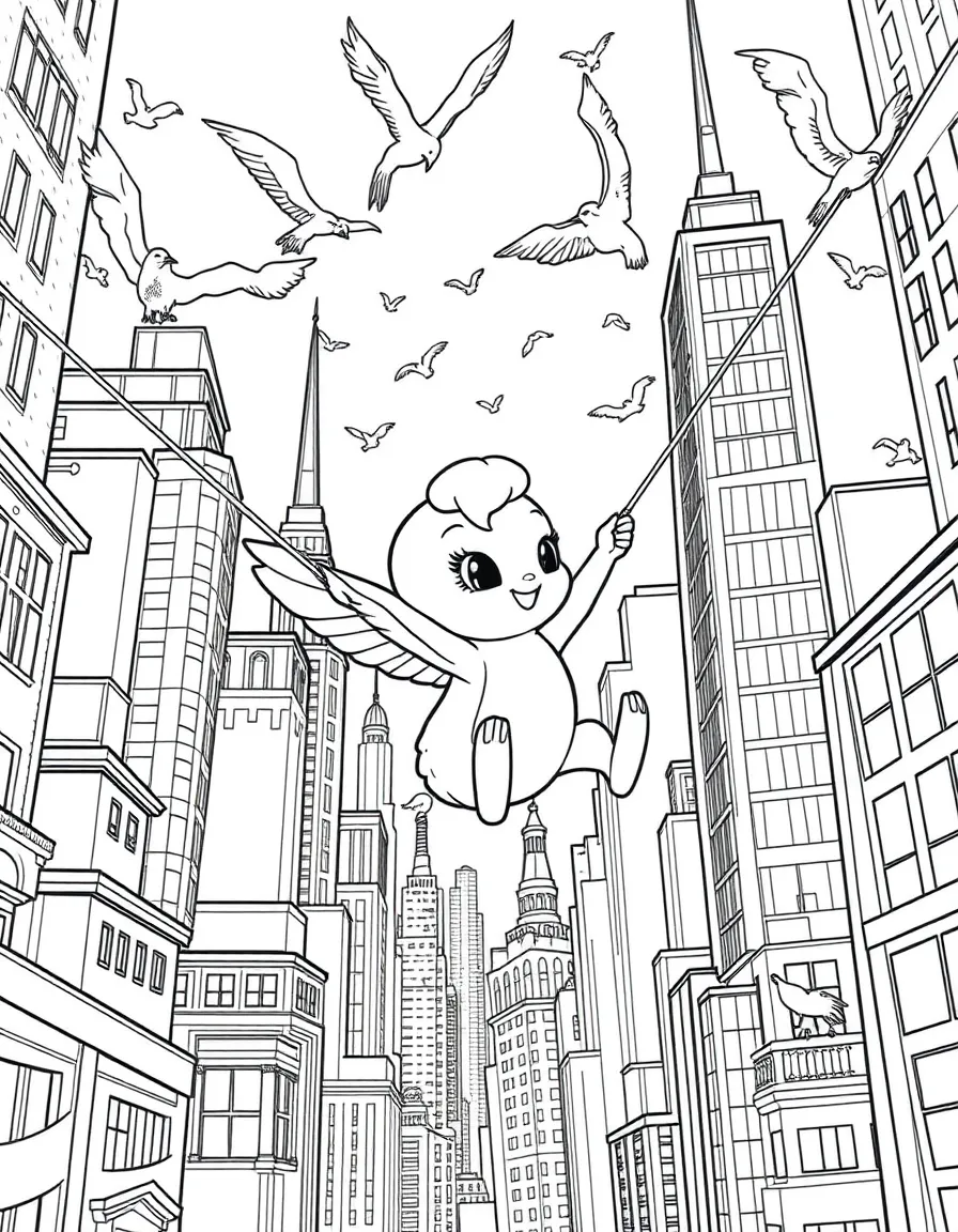 A fun and detailed coloring page of Mirabel swinging through a city full of tall buildings and birds.