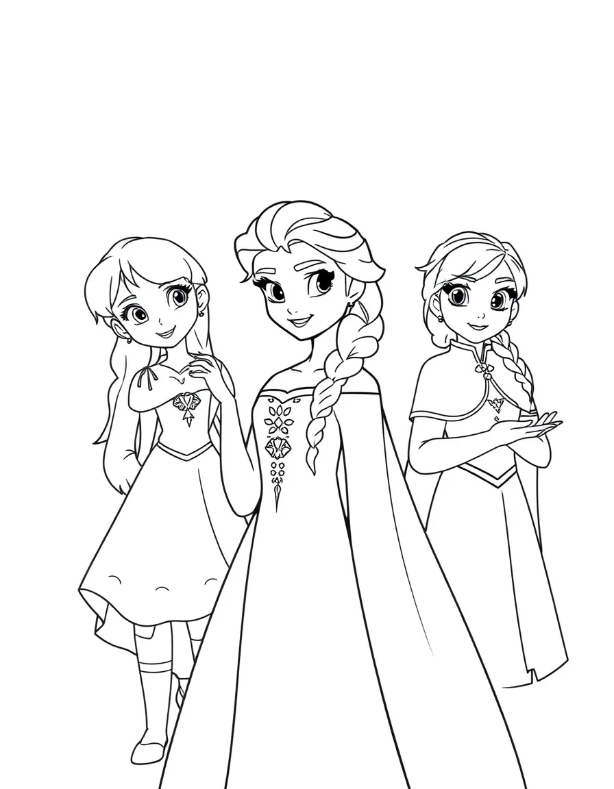 A group coloring page featuring Elsa with other characters from the same show or movie.