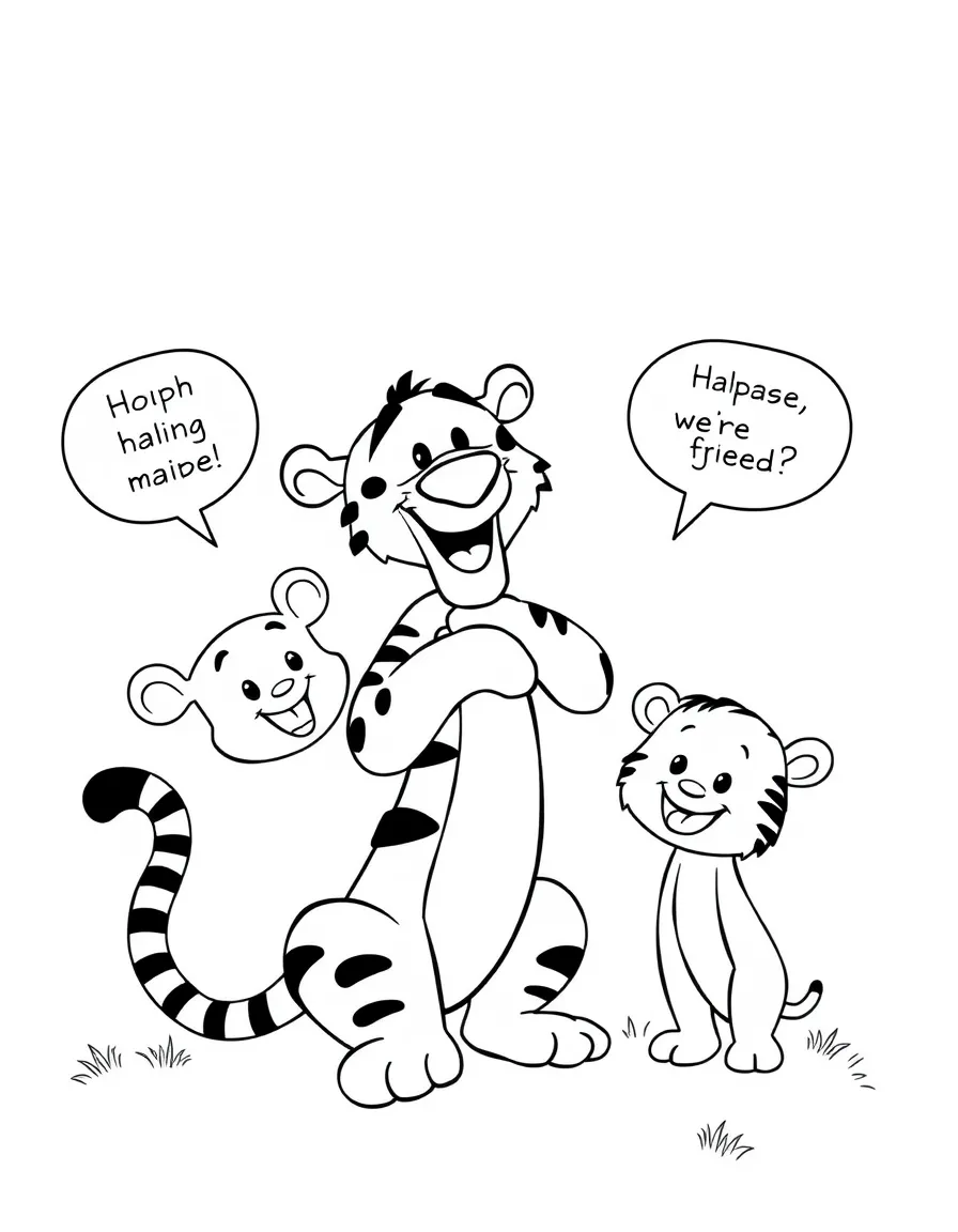 A cartoon-style drawing of Tigger helping friends, with speech bubbles and cheerful faces.
