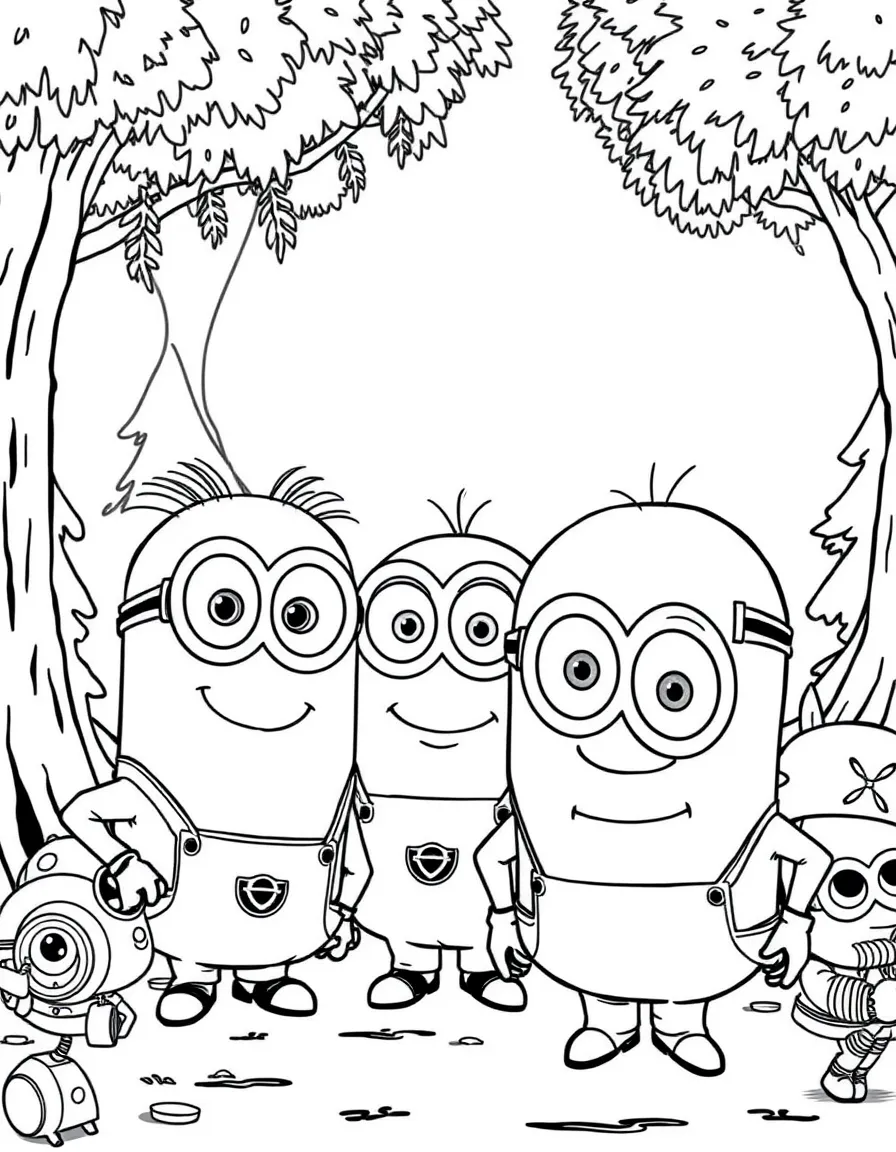 Despicable Me smiling and posing with their sidekicks, surrounded by trees, toys, or fun backgrounds.