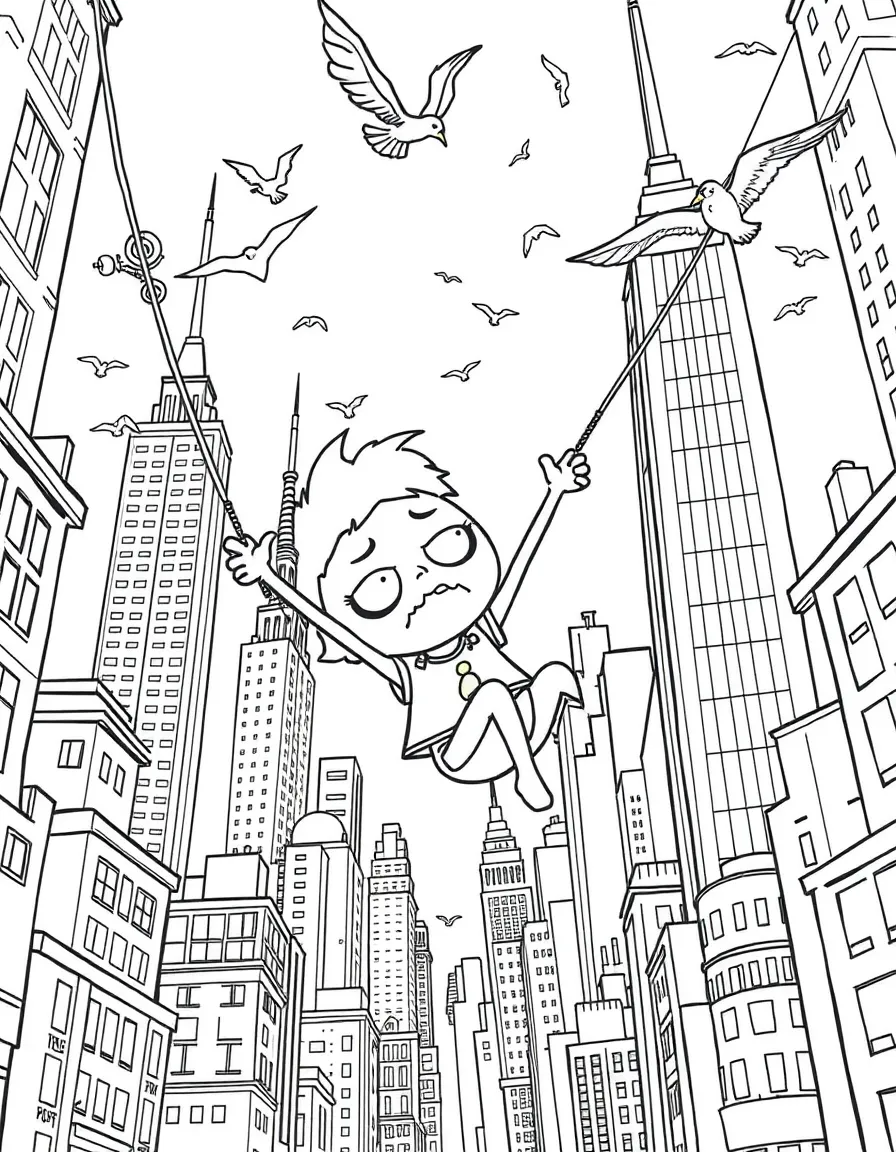 A fun and detailed coloring page of Sadness swinging through a city full of tall buildings and birds.