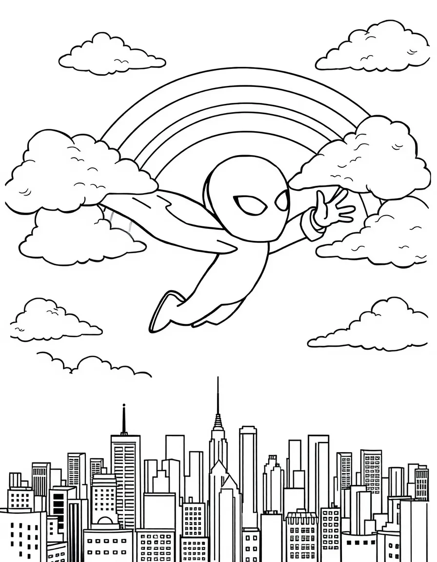Enderman flying through the clouds with a rainbow behind and city skyline below.