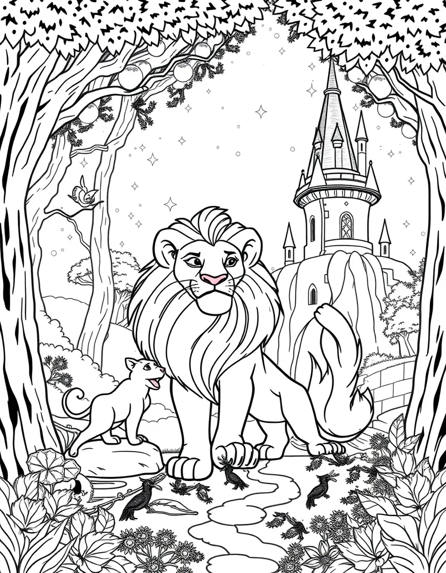 A fantasy background of The Lion King in a magical forest or castle, with sparkles and mystical creatures.