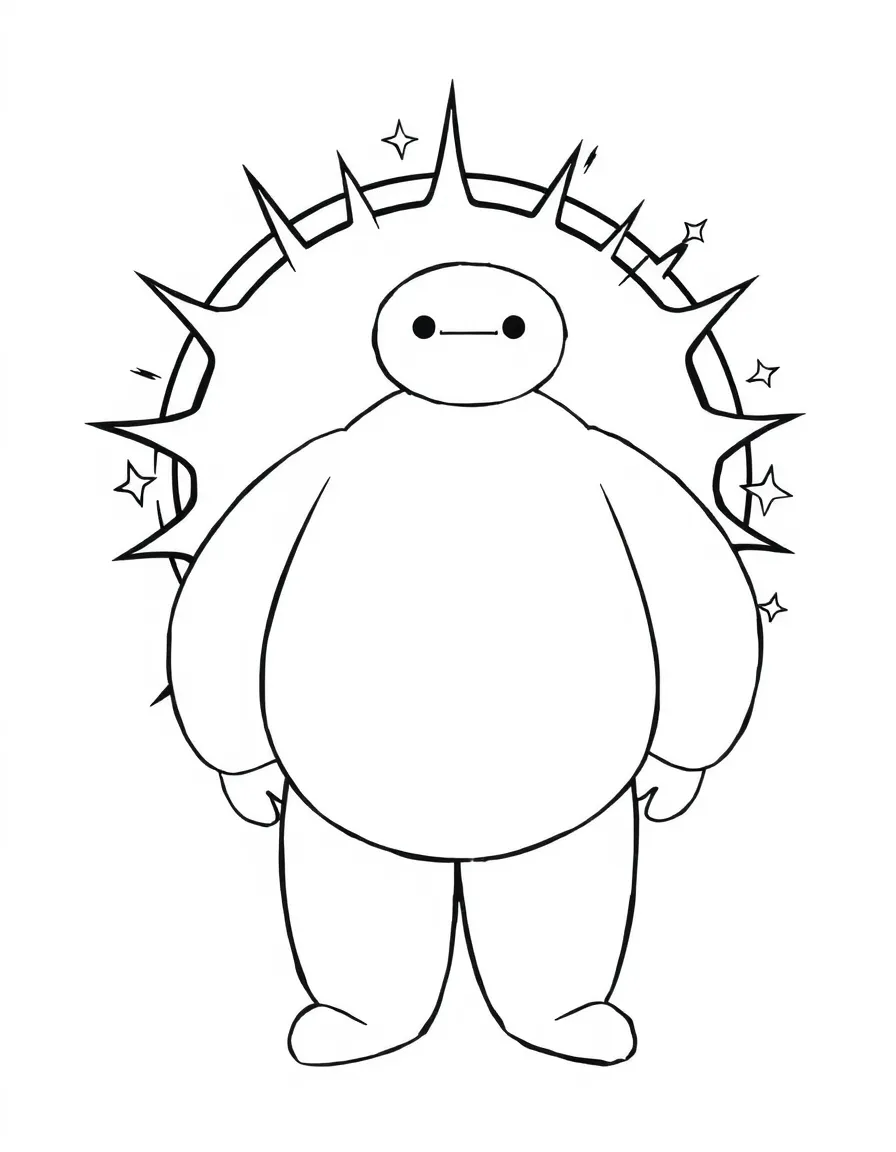 Baymax standing proudly in front of their iconic logo with stars and comic-style effects around.