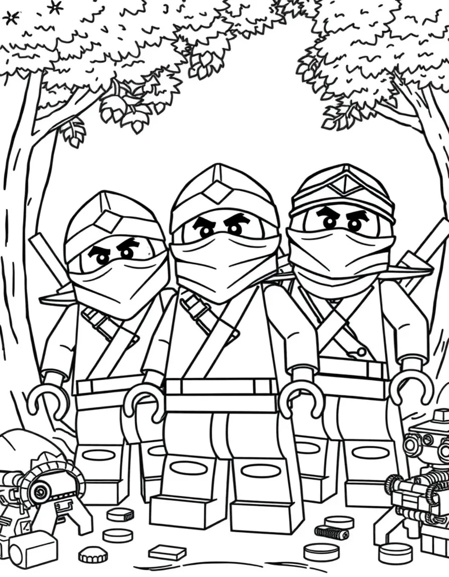 Lego Ninjago smiling and posing with their sidekicks, surrounded by trees, toys, or fun backgrounds.