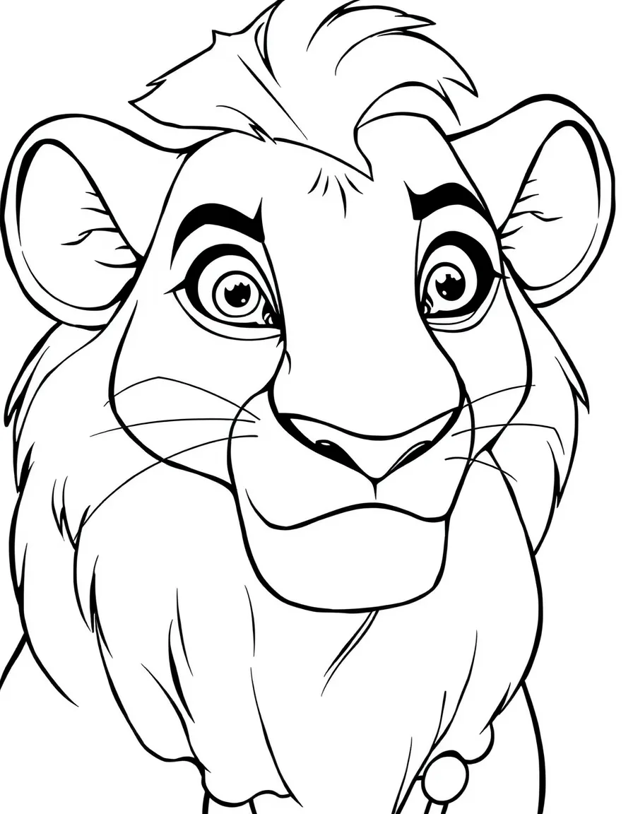 A close-up of Simba's face in bold lines with expressive eyes and detailed costume elements.