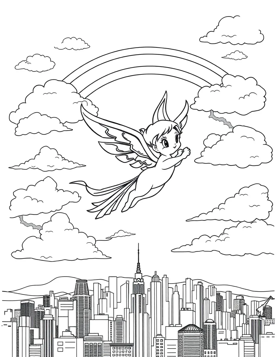 Encanto flying through the clouds with a rainbow behind and city skyline below.