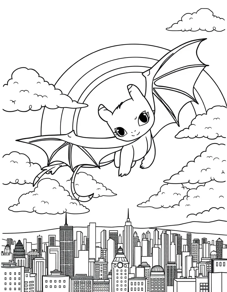 Toothless flying through the clouds with a rainbow behind and city skyline below.
