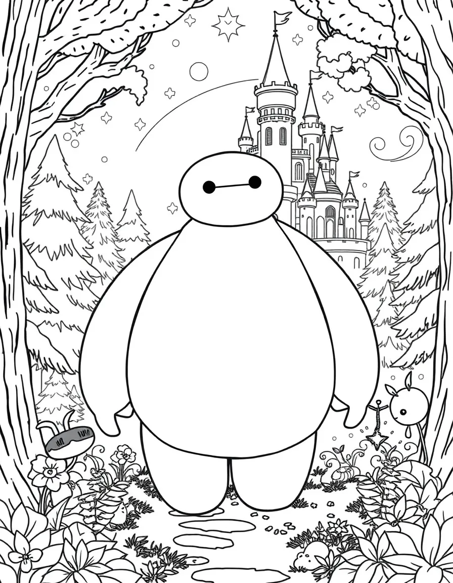 A fantasy background of Baymax in a magical forest or castle, with sparkles and mystical creatures.