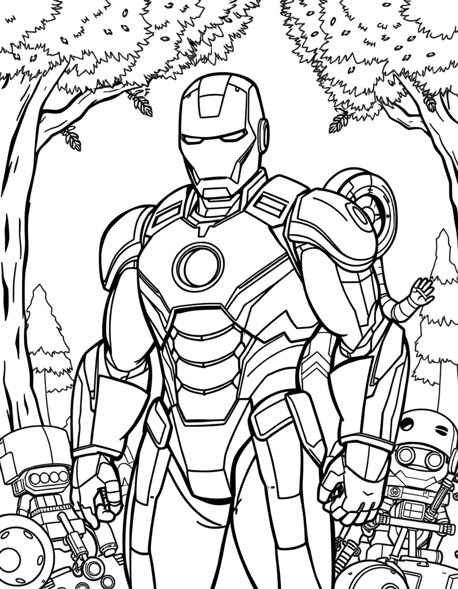 Iron Man smiling and posing with their sidekicks, surrounded by trees, toys, or fun backgrounds.