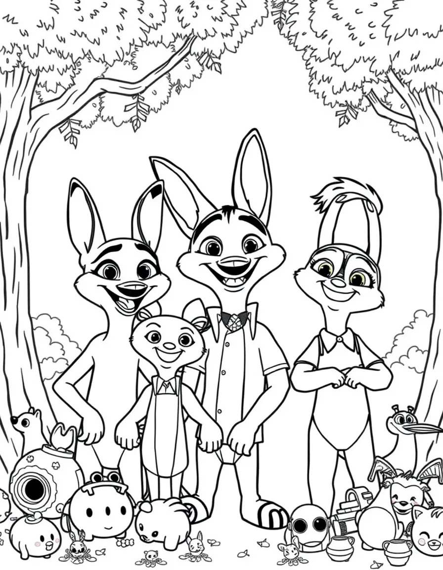 Zootopia smiling and posing with their sidekicks, surrounded by trees, toys, or fun backgrounds.