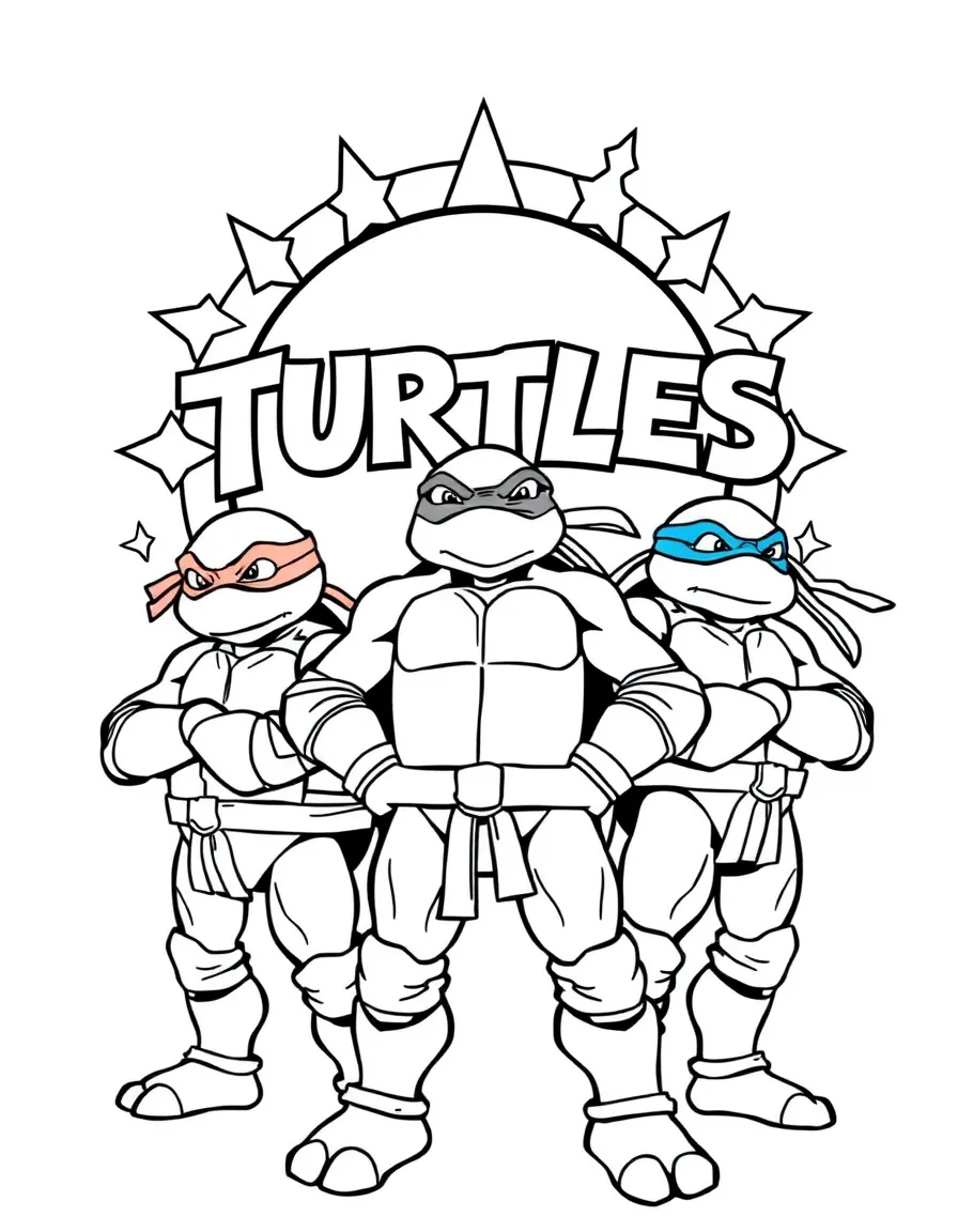 Teenage Mutant Ninja Turtles standing proudly in front of their iconic logo with stars and comic-style effects around.