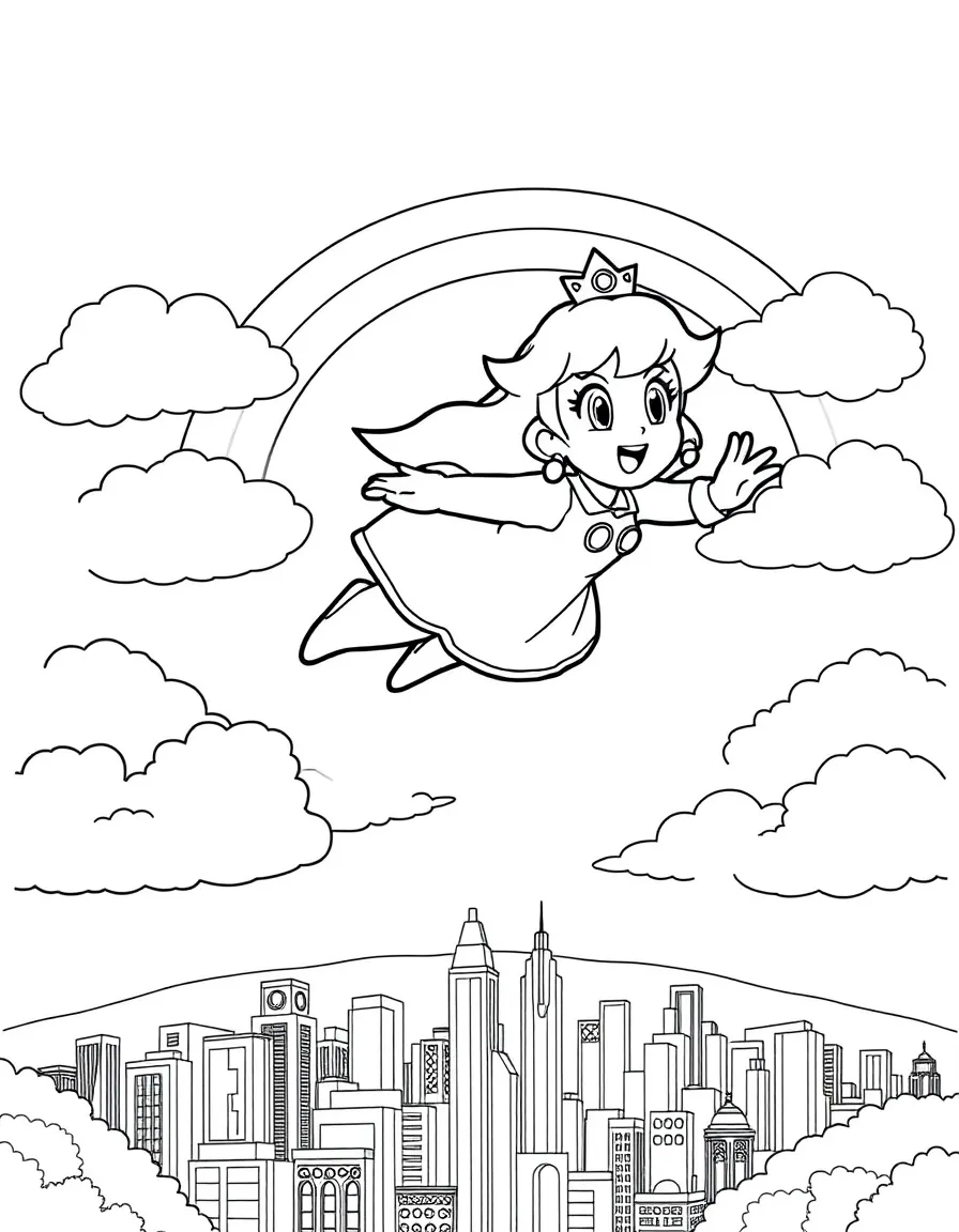 Princess Peach flying through the clouds with a rainbow behind and city skyline below.