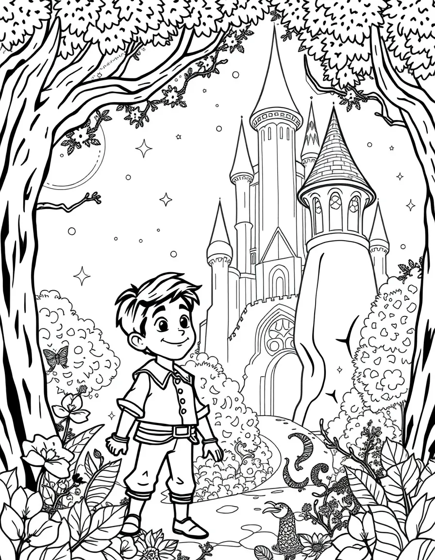 A fantasy background of Miguel in a magical forest or castle, with sparkles and mystical creatures.