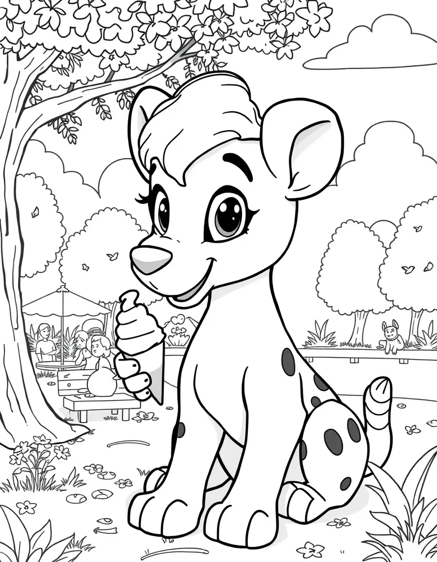 Nala enjoying a day off, eating ice cream or playing with friends in a park setting.
