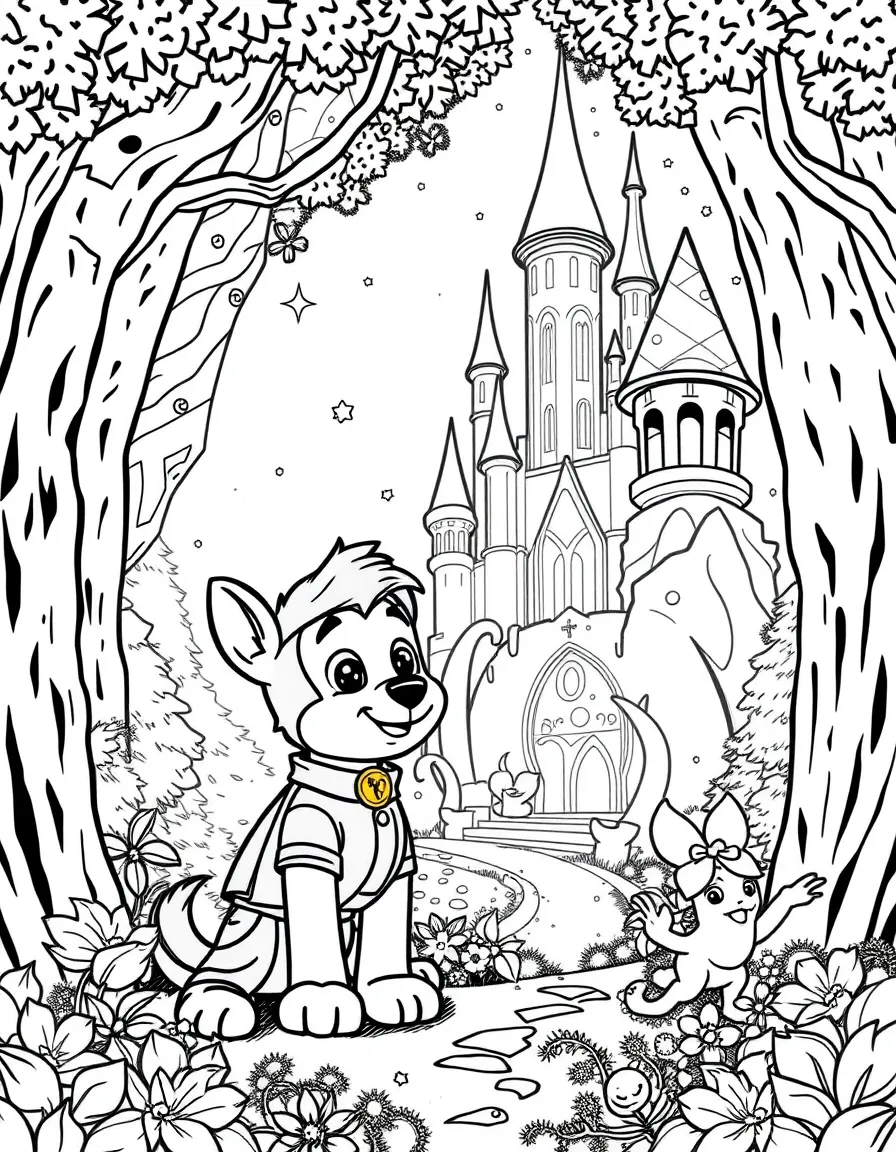 A fantasy background of Chase in a magical forest or castle, with sparkles and mystical creatures.