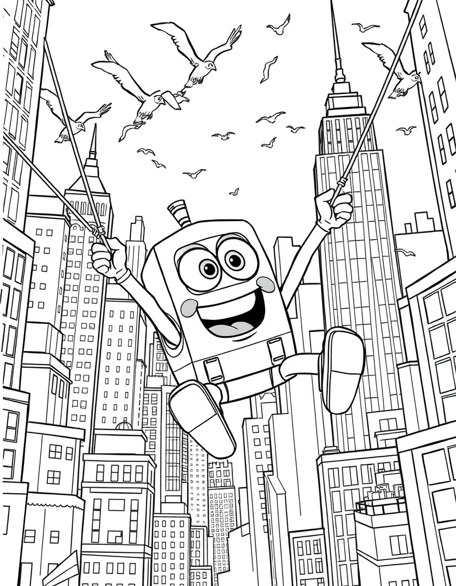 A fun and detailed coloring page of Rubble swinging through a city full of tall buildings and birds.